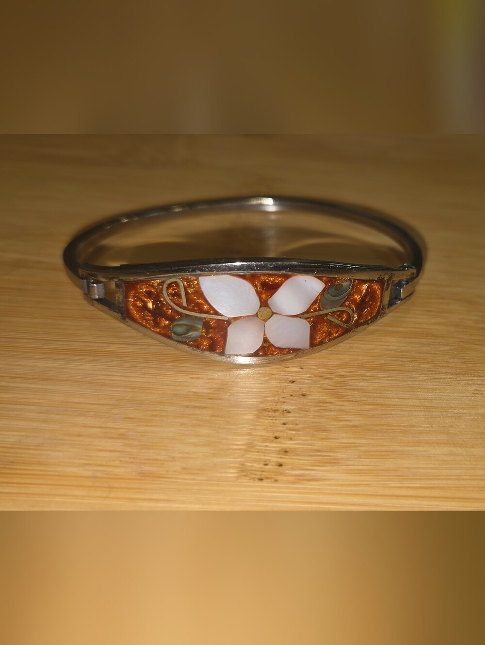 Alpaca Silver-Tone Mother Of Pearl Enamel Flower Bangle Bracelet